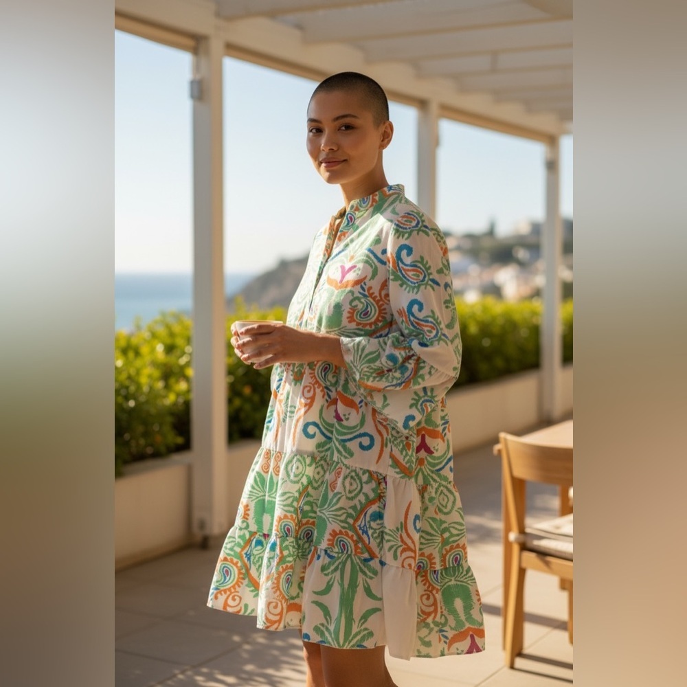 Girls' White Floral Tiered Dress with Green & Orange Print​